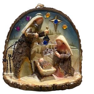 Vintage Kurt Adler Nativity Scene Ornament Faux Wood Bark 3D Tag Attached